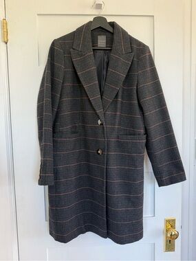 Primark Charcoal Windowpane Long Trench Coat with Rust Accents